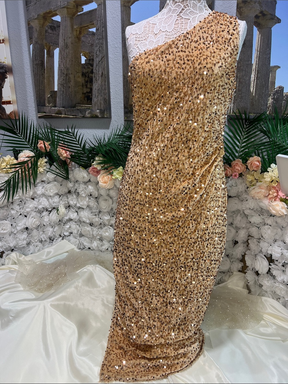 Petal & Pup Gold Sequin One-Shoulder Evening Gown